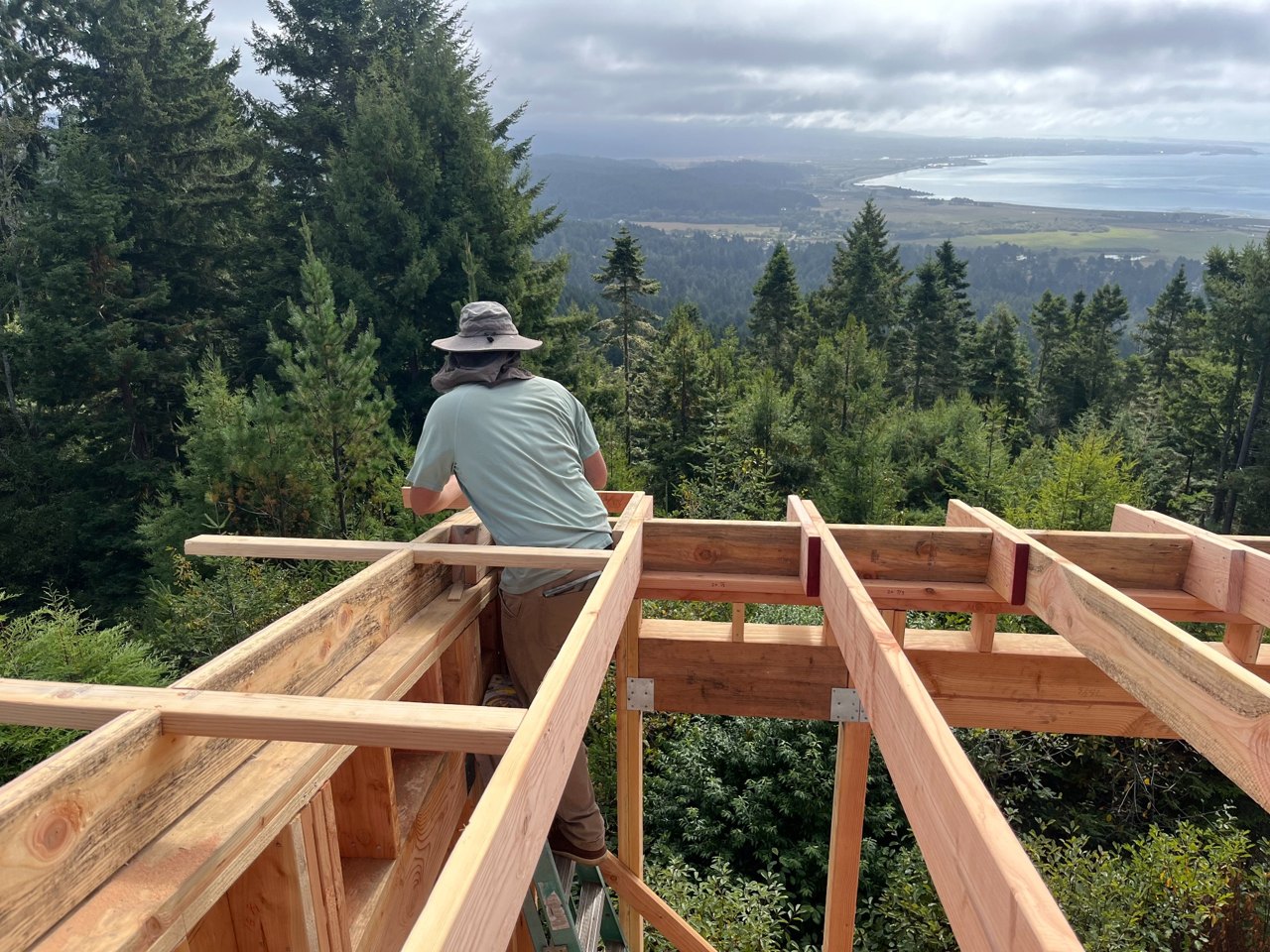 Carpenter working on wood framing with a forest and coastline beyond